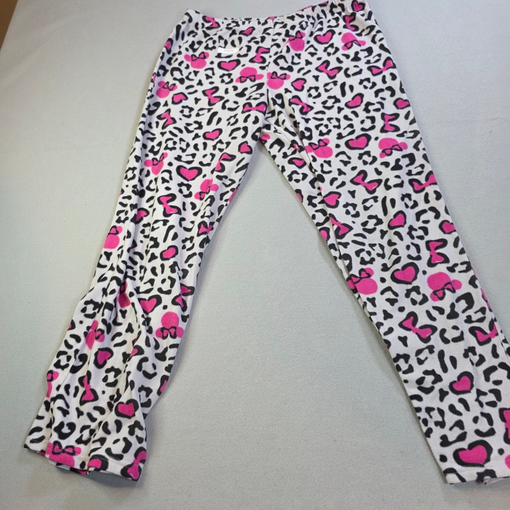 Disney Minnie Mouse Fleece Pajama Pants Leopard Heart Pink Black White Girls M